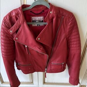 Mango Red Leather Moto Jacket Asymmetrical Zipper
